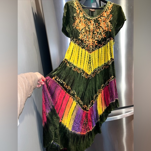 Green FESTIVAL GYPSY Flowy rayon DRESS NF Free Size COLORFUL Embroidered Tribal - Picture 13 of 16